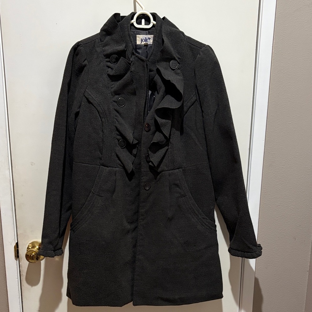 Jolt Women's Black Ruffle Trench Coat